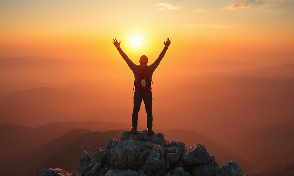 Photorealistic wide-angle landscape at sunrise: a lone hiker standing on a rocky mountain summit, full body seen from behind, arms raised in triumph, wearing a red backpack with a penguin on it and outdoor clothing. Vast layered mountain ranges fading into atmospheric haze, golden light spilling across ridgelines, warm orange–pink sky with soft clouds, sun low near the horizon. Cinematic composition, rule of thirds, crisp foreground rock texture, glowing rim light on the hiker, high detail, natural colors, HDR, 16:9.