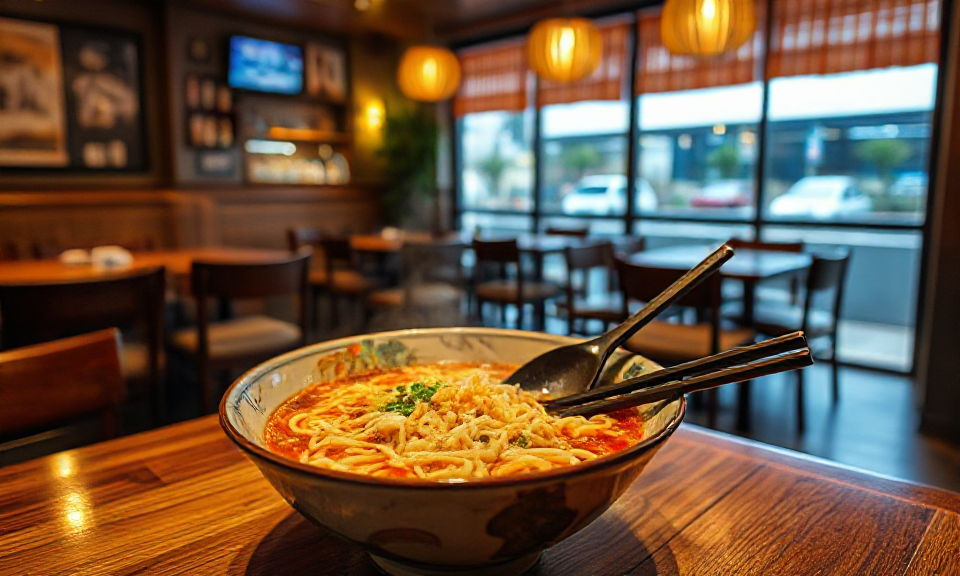 Sdelicious shin ramyun on a table in a warm and cosy korean restaurant